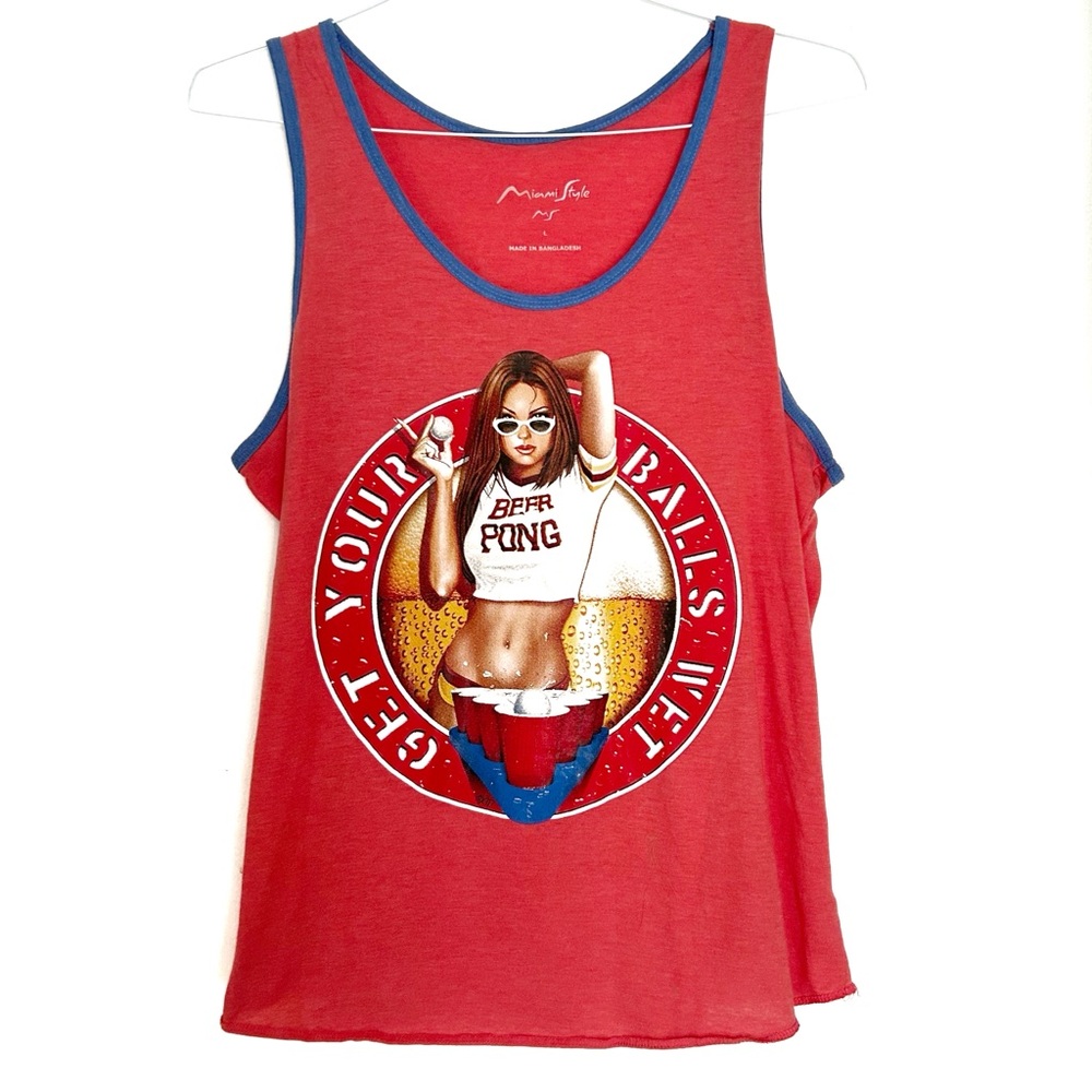 Miami Style Red Graphic Beer Pong Tank Top for Men Pinup Sexy Woman Blue Large